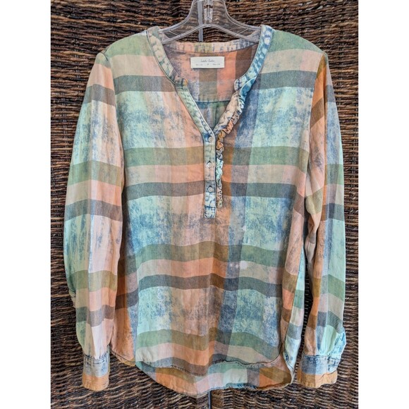 Anthropologie Isabella Sinclair Buffalo Plaid Check Ruffle Chambray Henley Shirt - Picture 1 of 9